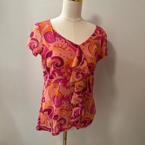 Y2K Axcess Floral Abstract Ruffle Pink Blouse Size Women's Medium